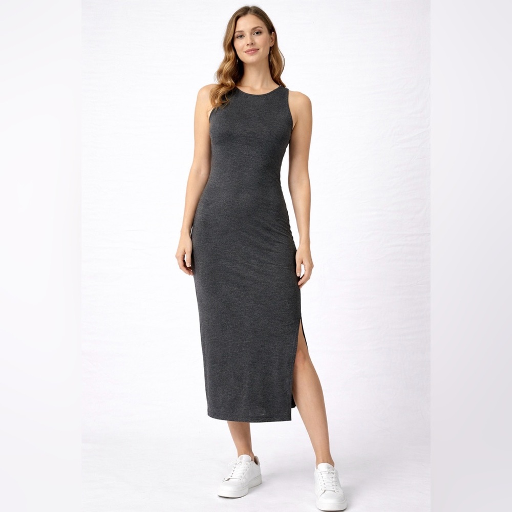 H&M Charcoal Gray Sleeveless Midi Dress women’s size XS Side Slit(E31)✨